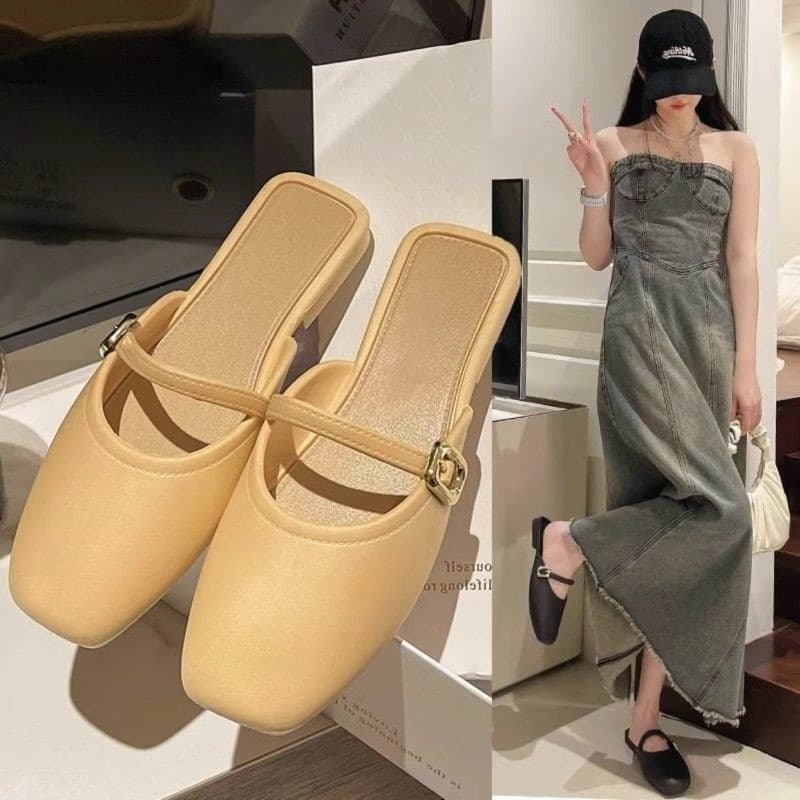Baotou meia chinelos femininos de salto baixo primavera All-Match Mary Jane 2026 sapatos únicos Muller sapatos de couro