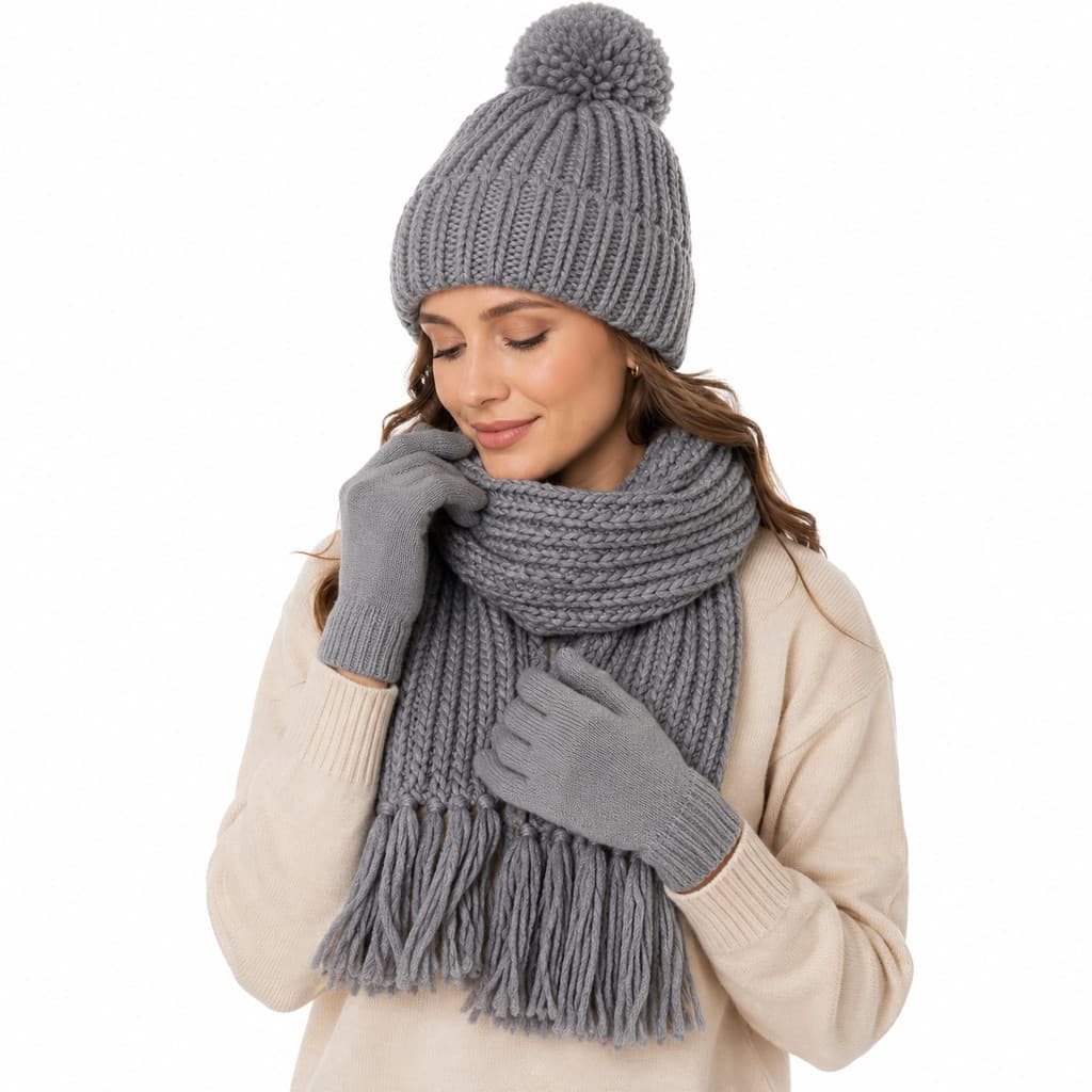 Kit Inverno Feminino Touca com Pompom Cachecol e Luvas Tricô Térmico CJF-100 15017