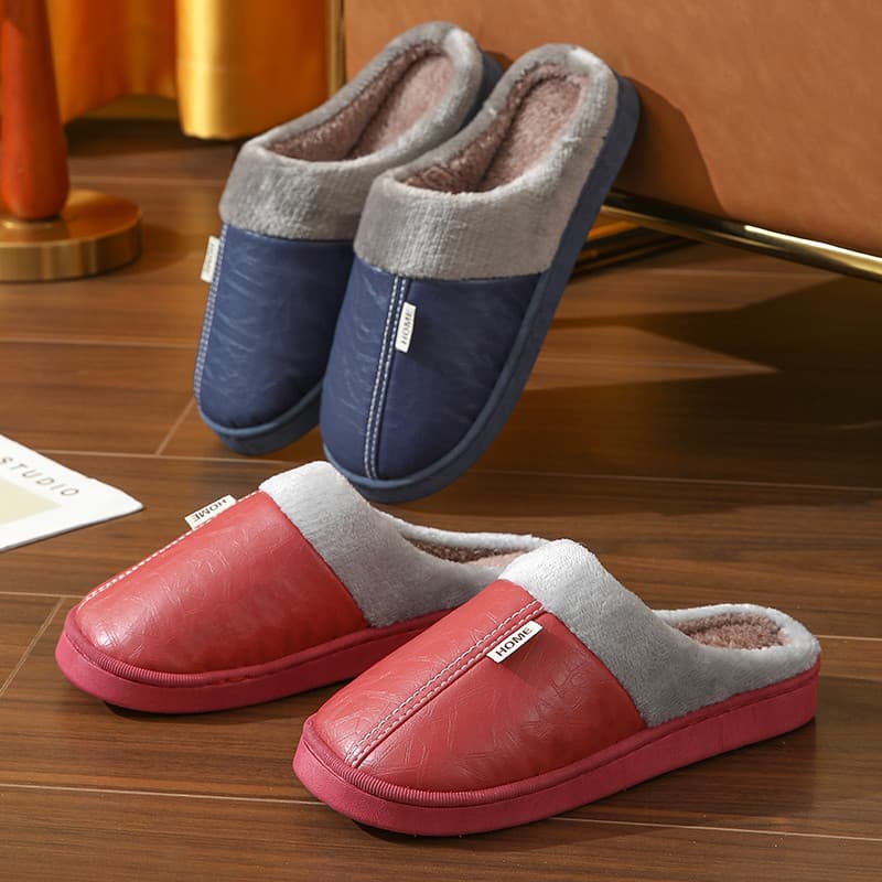 Inverno antiderrapante chinelos de algodão masculino interior mobiliário doméstico sola grossa meio salto couro do plutô