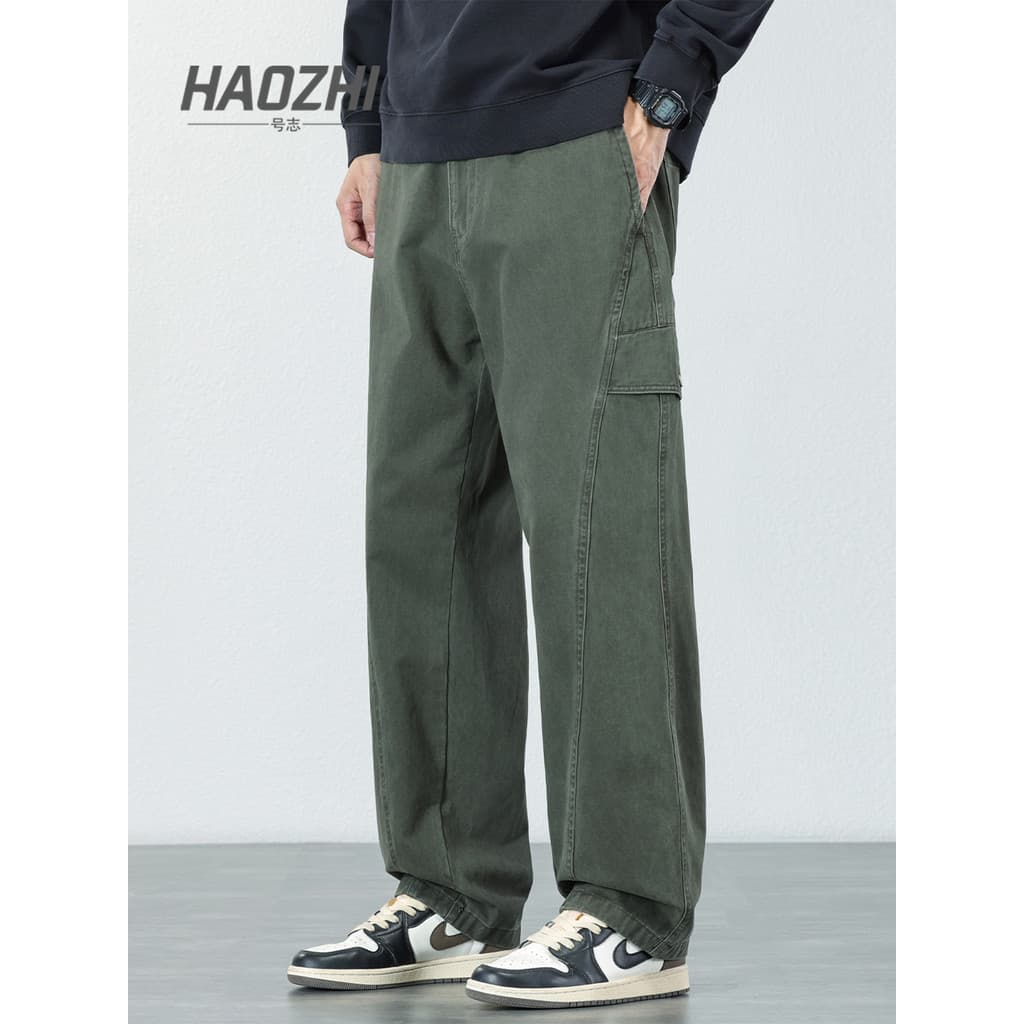 Não. HAOZHI Calça Casual Básica de Algodão Puro Masculina Outono Calça Solta para Registro Confortável Calça Reta All-Ma