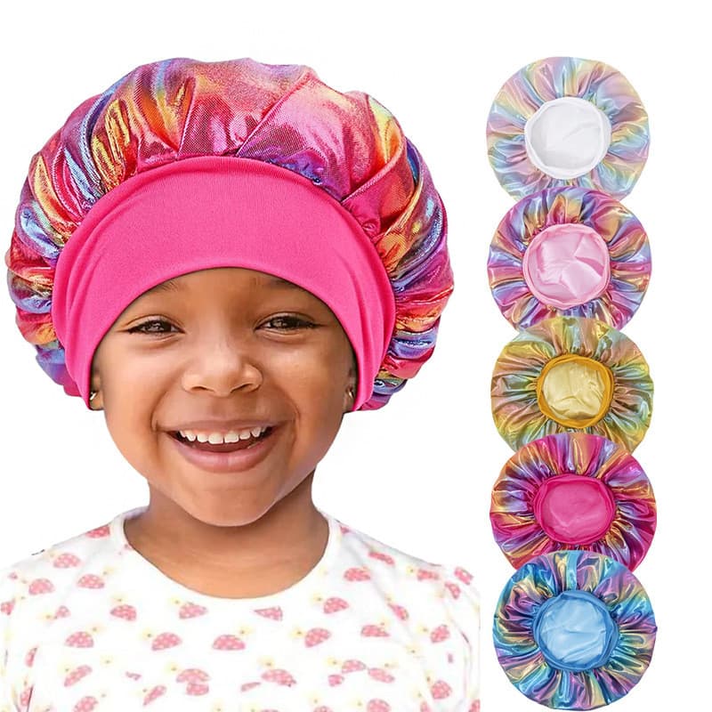 Pronto estoque Novo estilo infantil touca de dormir de aba larga venda quente touca de banho elástica a Laser de camada