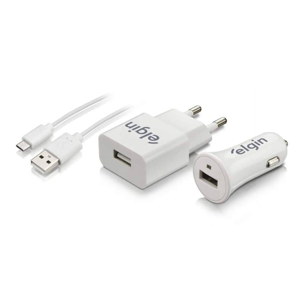 Kit Carregadores De Parede + Veicular Elgin Com Cabo Micro Usb 1m [F133]