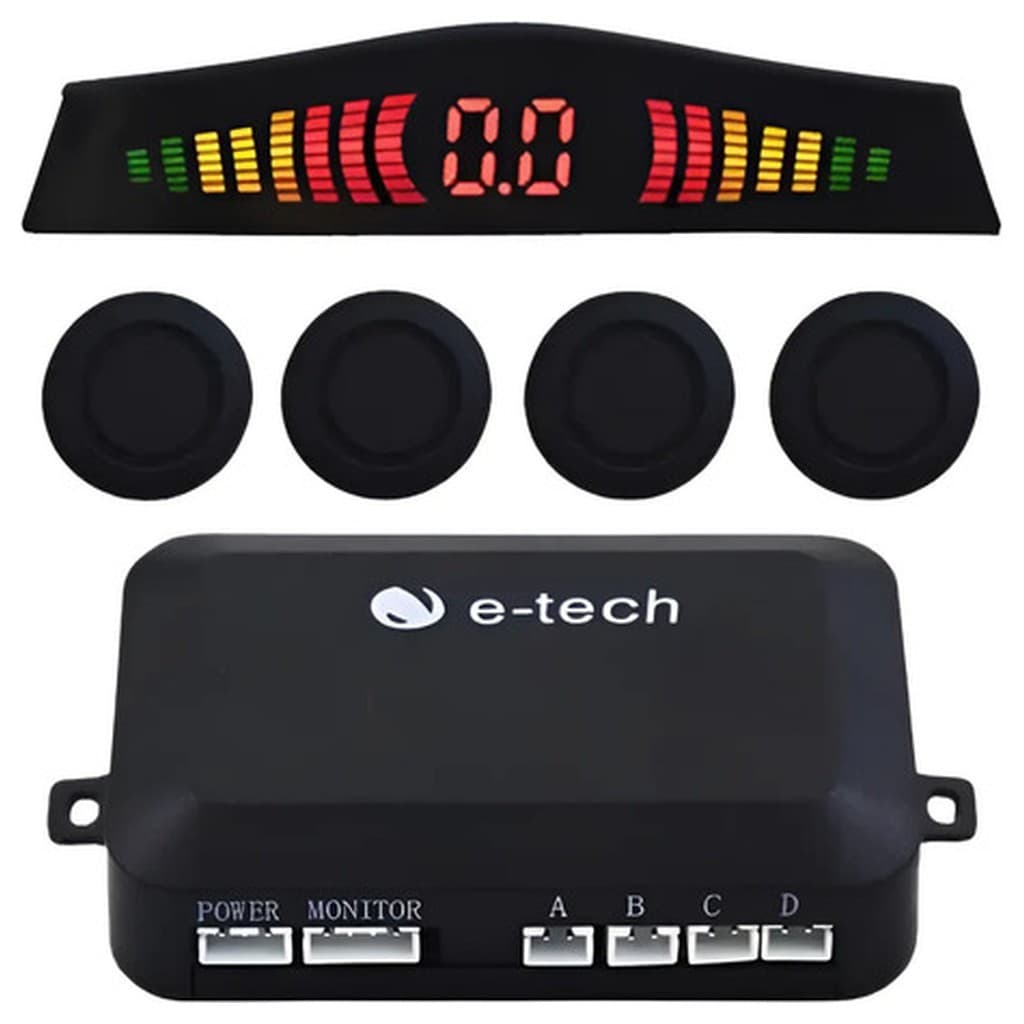 Sensor Estacionamento Ré 4 Sensores Preto E-Tech Emborrachado Display Sonoro Visual Visor Digital Distância LED Beep
