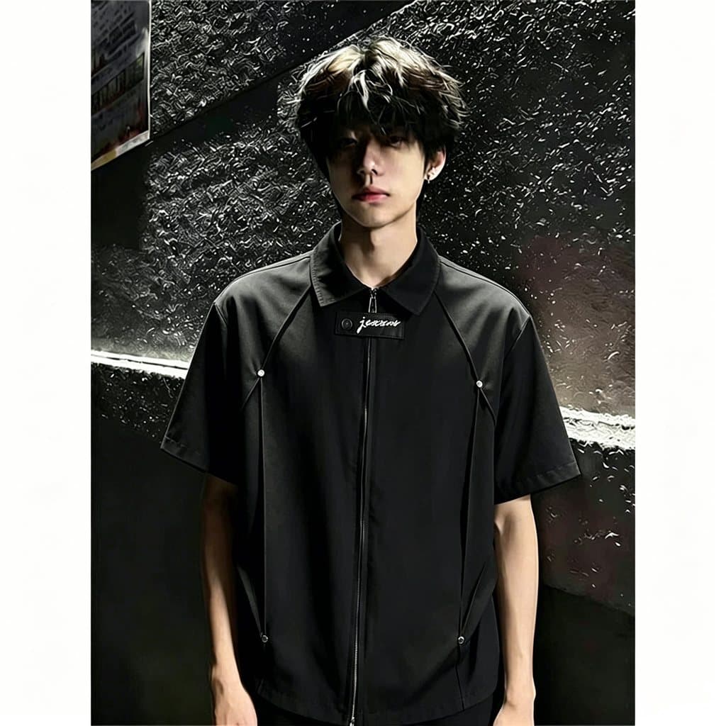 Rebites desconstrução zíper camisa de manga curta masculina verão Street Wear camisa americana Design solto sentir rufiã