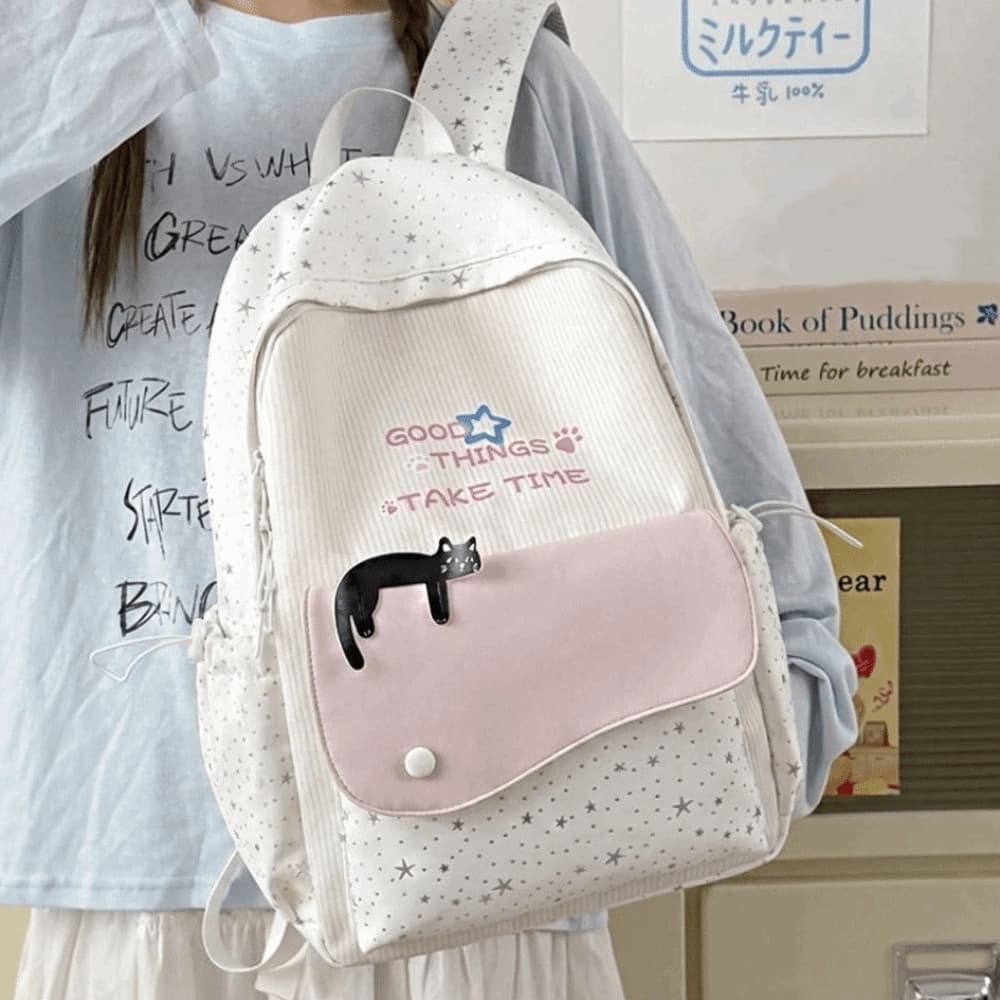 Mochila Cat Star , De Nylon Impressa Minimalista , Bolsa Escolar Fofa E Durável De Grande Capacidade Para Estudantes