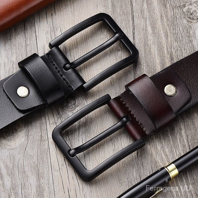 Cinto Masculino de Couro Genuíno VNFG, Cinto Masculino Versátil de Couro Bovino com Fivela Preta, Cinto Casual Masculino