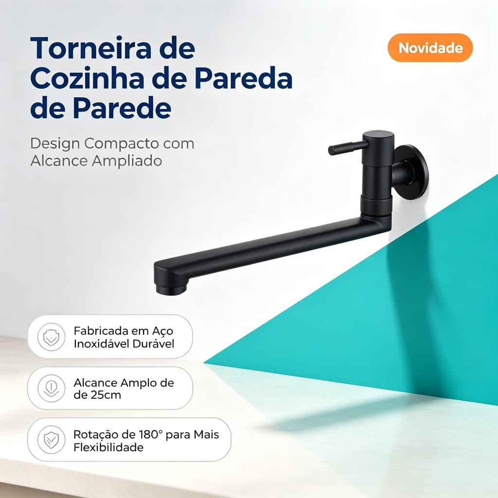Torneira de Cozinha Parede Aço Inoxidável 304 Escovado Braço Longo 25cm Água Fria Bica Rotativa 180° Resistente