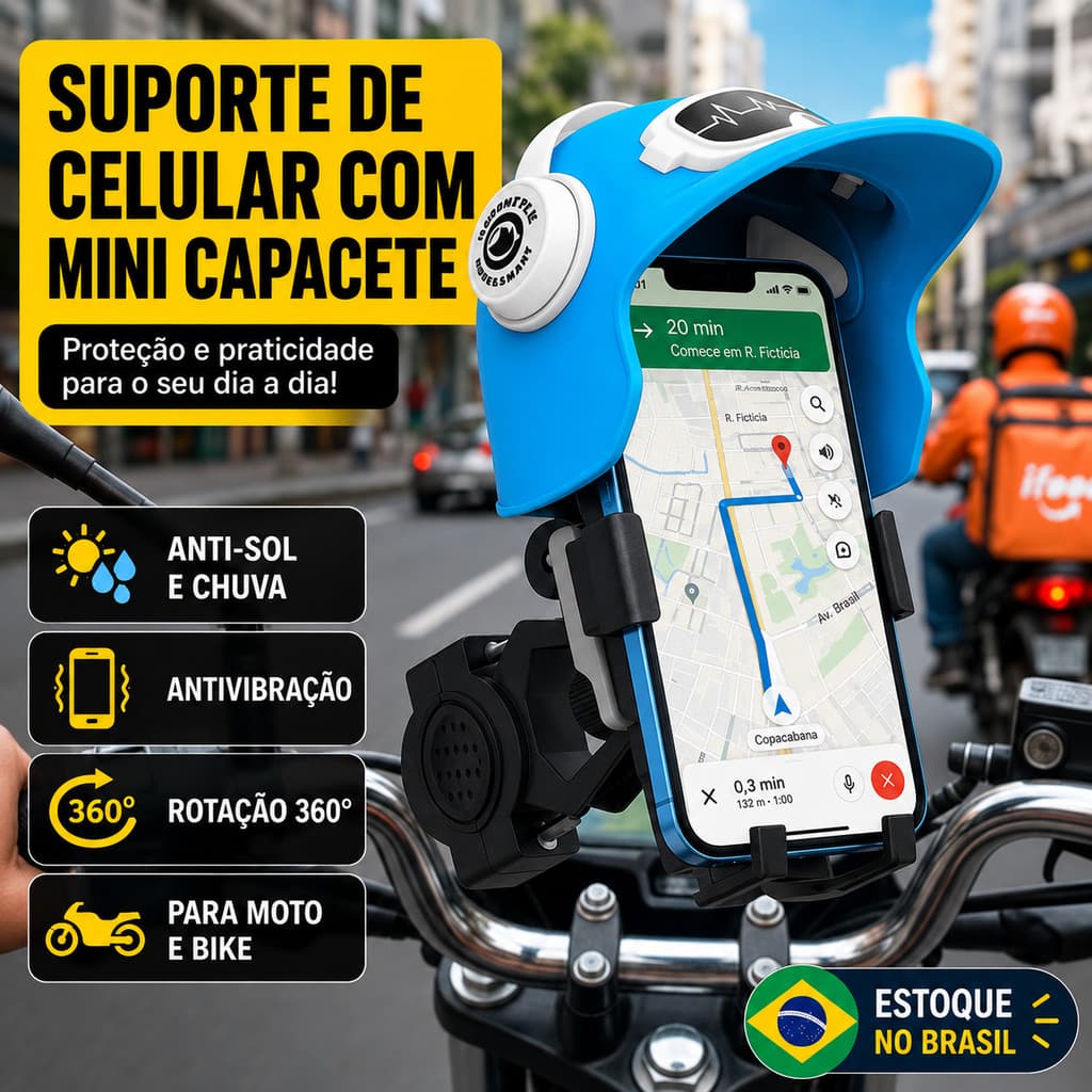 Suporte De Celular Para Moto E Bicicleta Com Mini Capacete Guidão Antivibração Rotação 360° Anti Sol E Chuva