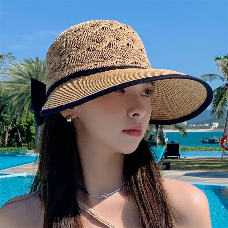 Moda verão chapéu de palha oco chapéu respirável chapéu de sol Bowknot dobrável chapéu de sol feminino chapéu de sol