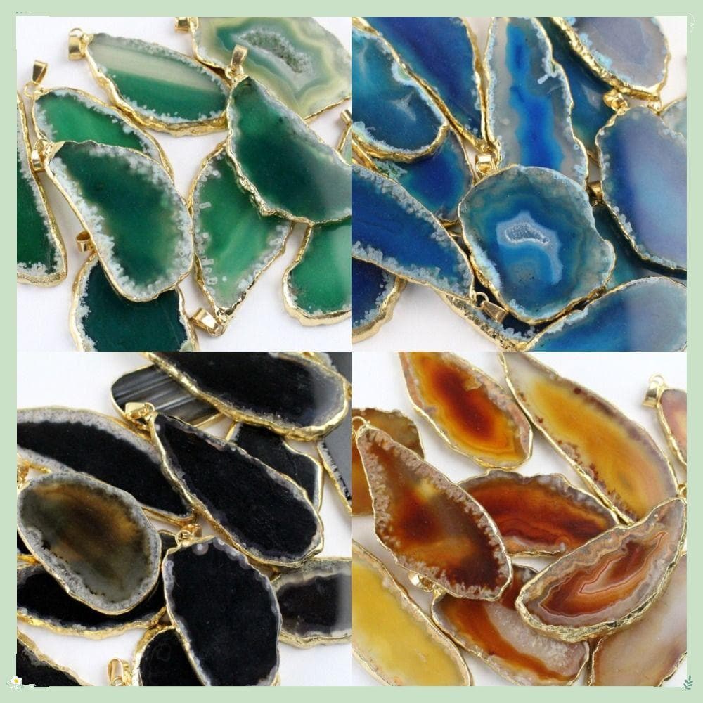 Geodo De Ágata Irregular , Colar Com Bordas De Ouro Banhado A Pingente Drusa , Fatia De Cristal Polido De 60 * 4