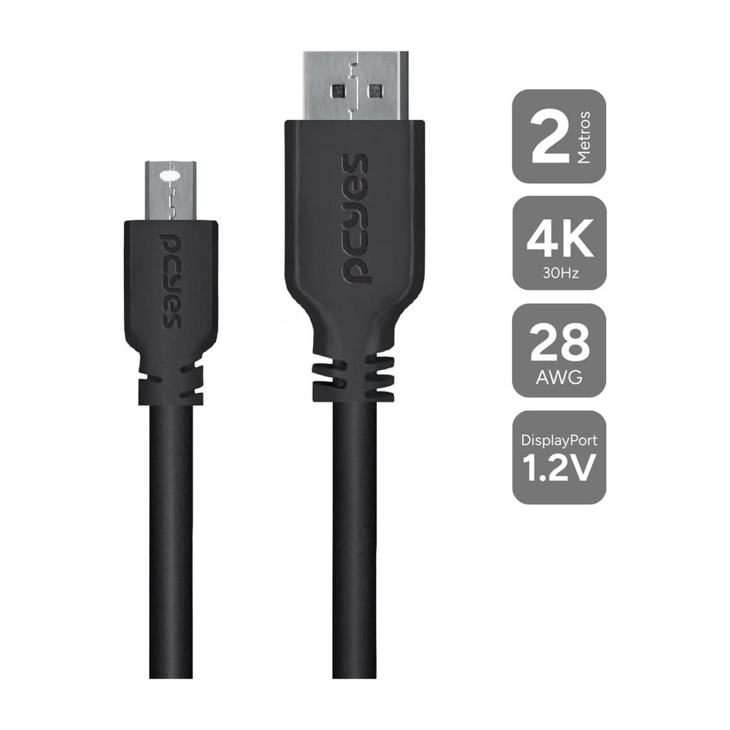 Cabo Mini Displayport Macho para Displayport Macho V.1.2 28AWG Puro Cobre 2 Metros - PMDDPM-2 - PCYES