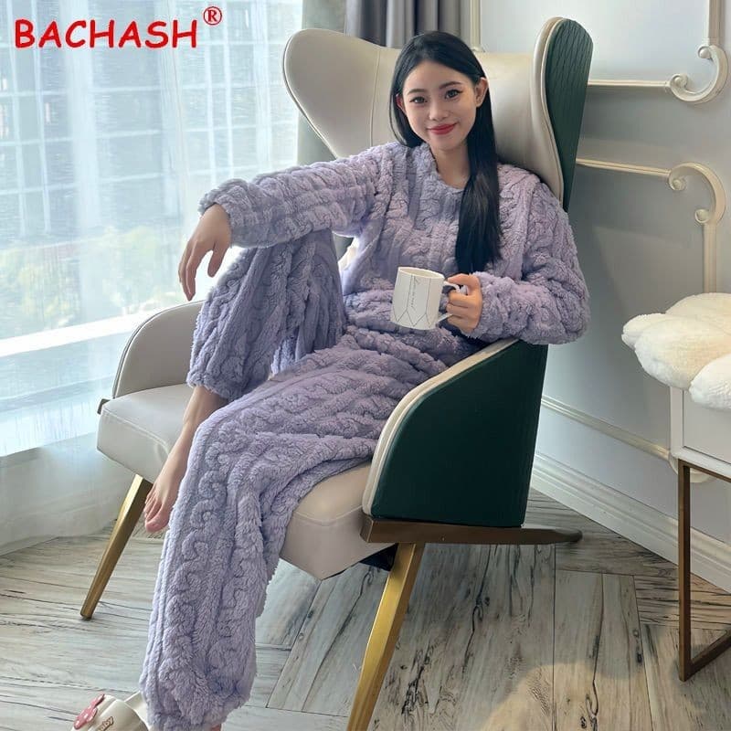 [JTZ] Versão coreana Pijama de lã Coral quente feminino, outono inverno estudantes forro de lã engrossado moda manga com