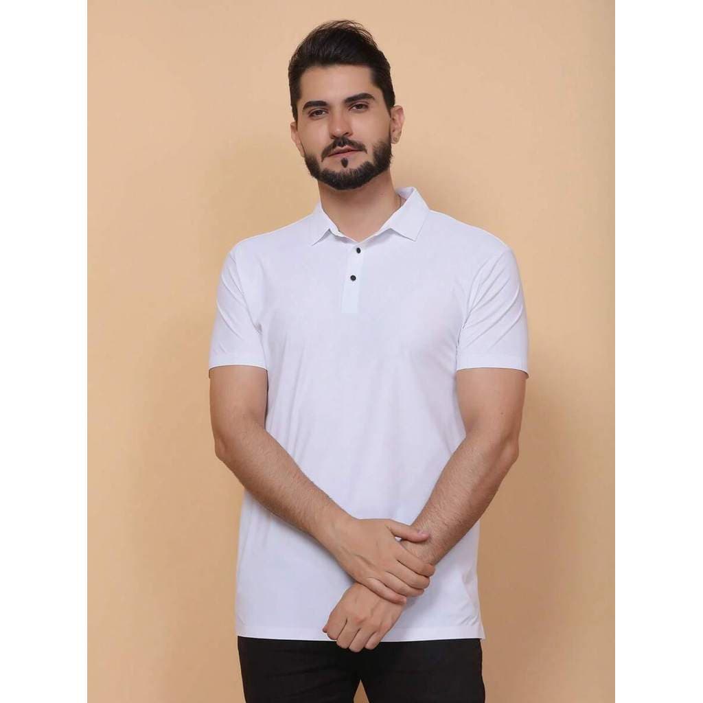 Camisa pólo masculina, mangas curtas de seda gelada, roupa formal masculina, absorvente de suor, respirável e elástica
