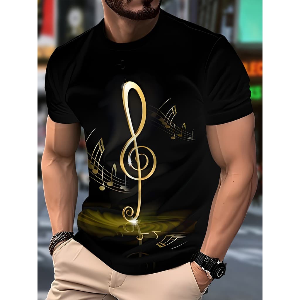 Camiseta Masculina Casual Fashion Com Design De Nota Musical Dourada – Poliéster Preto , Manga Curta , Gola Redonda , Es