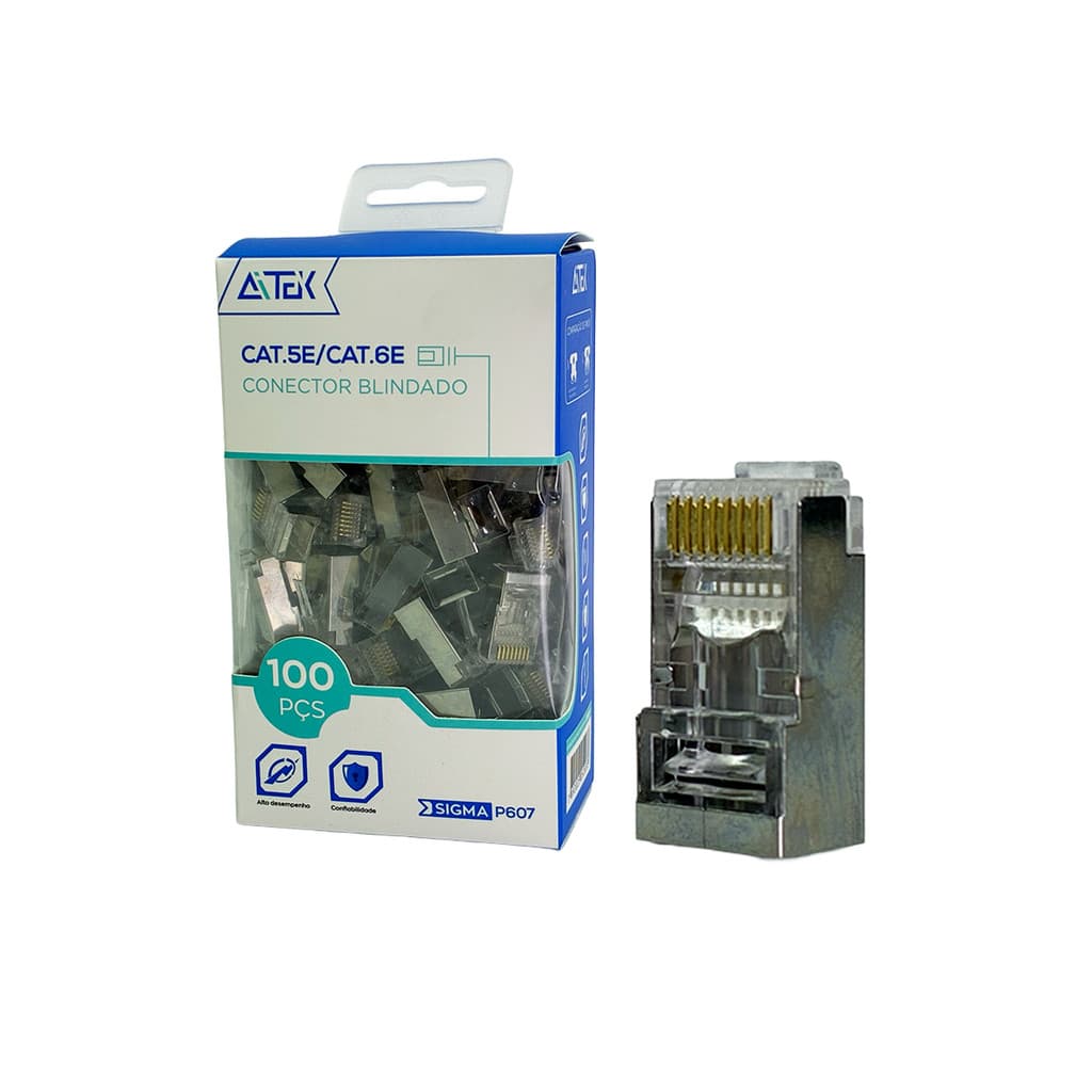 Conector de rede RJ45 Cat5e / Cat6e Blindado kit 100 Pçs