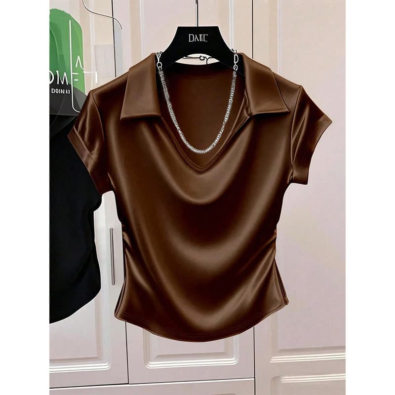 XL-4XL Camiseta Feminina Senhoras Topos Luz Luxo Cetim Lapela Cintura Solta Topo