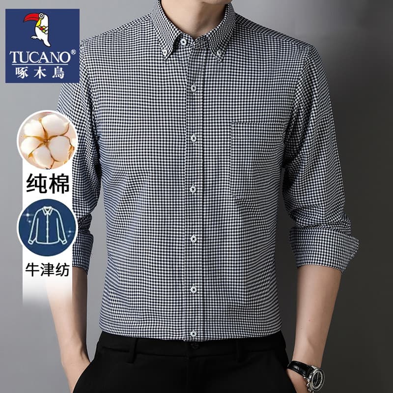 Woodpecker camisa de manga comprida Oxford girando algodão masculino de meia-idade idoso pai usar Casual solto puro algo