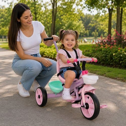 Triciclo Infantil Rosa Com Empurrador Ajustavel Assento Confortavel Recreacao