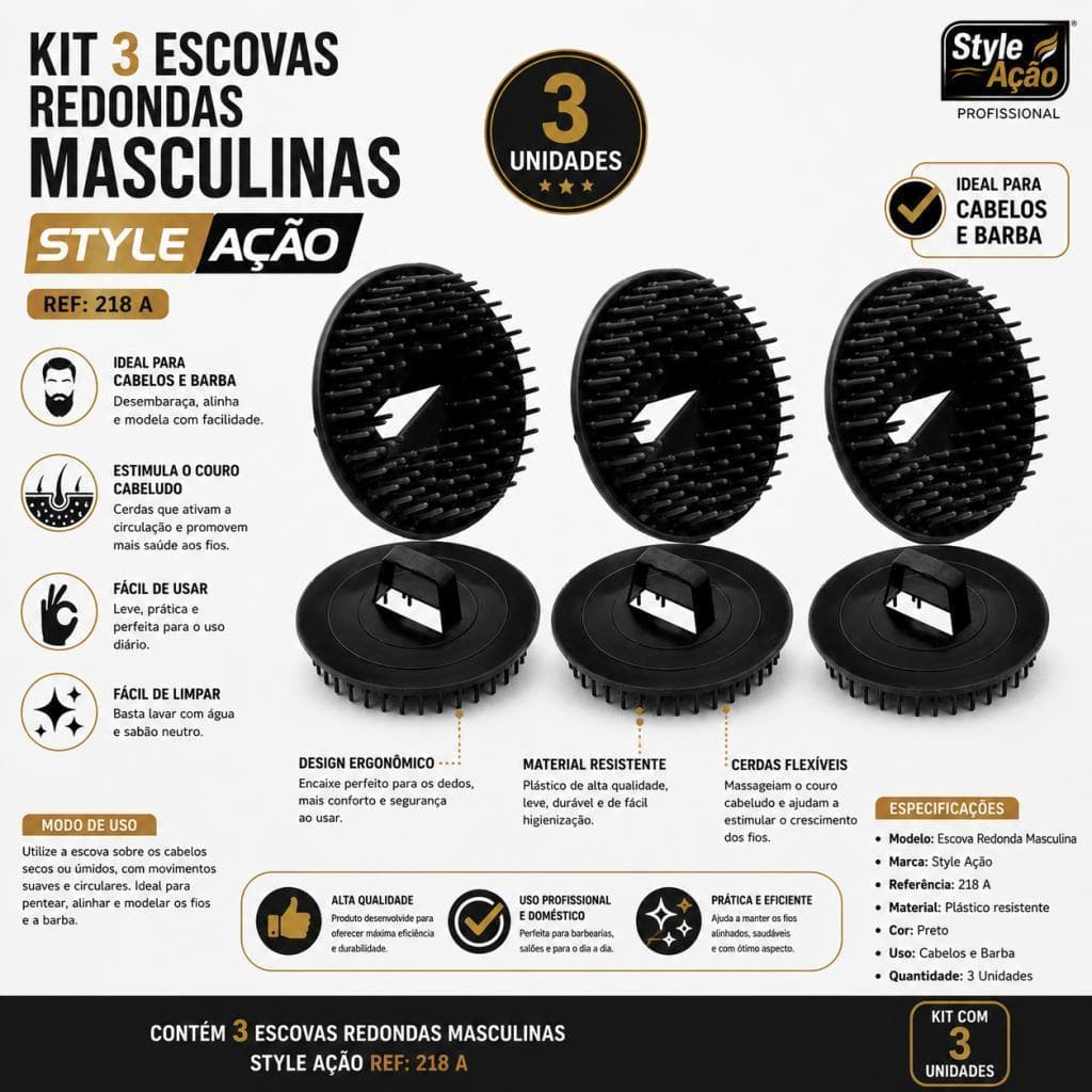 Kit 3 Escovas Redonda Cabelo e Barba Style Ação Ref. 218A