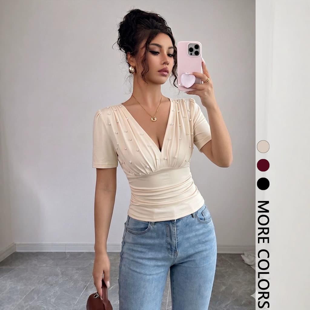 Verão com decote em V de manga curta, camiseta feminina, moda artesanal pérola cor pura Slim fit