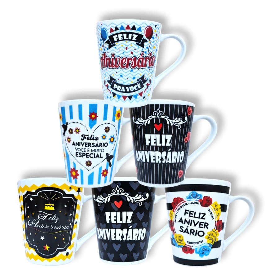 Canecas de porcelana brancas, cônicas, decoradas, 290 ml, xícara, café, chá, Col1-Aniversários