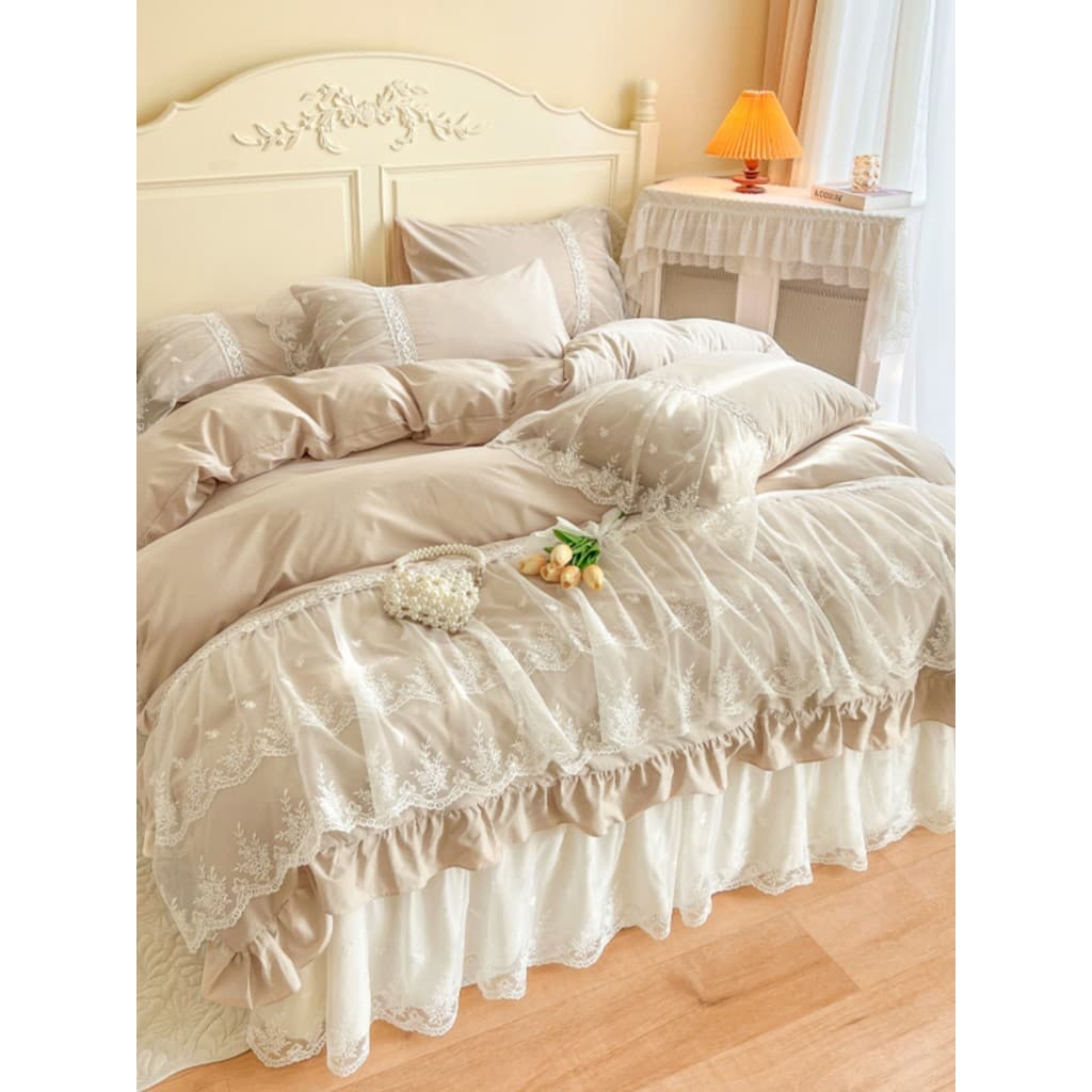 Lençol de renda de algodão lavado de algodão puro conjunto de quatro peças algodão estilo princesa estilo coreano babado