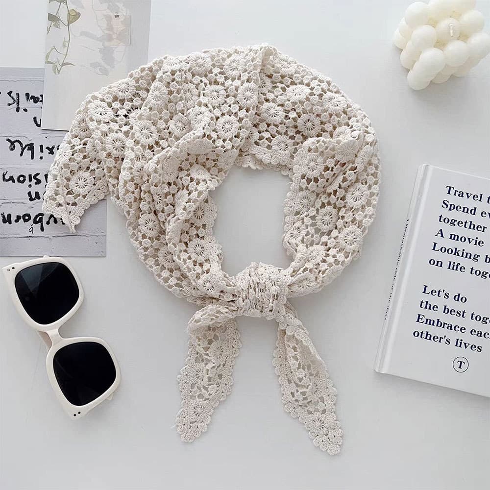 Retro Oco Floral Malha Envoltório Triângulo Bandana Mão Crochê Respirável Versátil Cabelo Pescoço Cintura Decoração Cach
