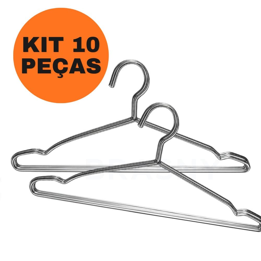 Kit 10 Cabides Metálicos Adulto Cromado Cava Tintureiro Resistente Para Closet Guarda Roupa Arara Lavanderia
