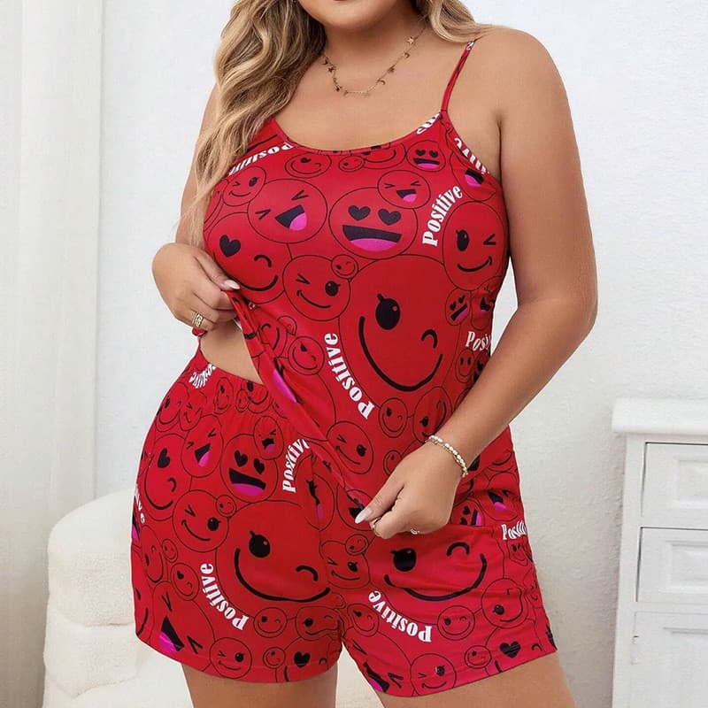 Conjunto Pijama Plus Size Regata e Shorts Estampa Corações Listras Largas, Confortável para Descanso em Casa