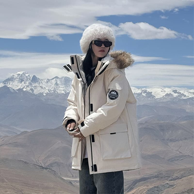 Workwear Pai macacão feminino 2025 novo estilo inverno pequeno engrossado gola de pele grande casal casaco de algodão qu