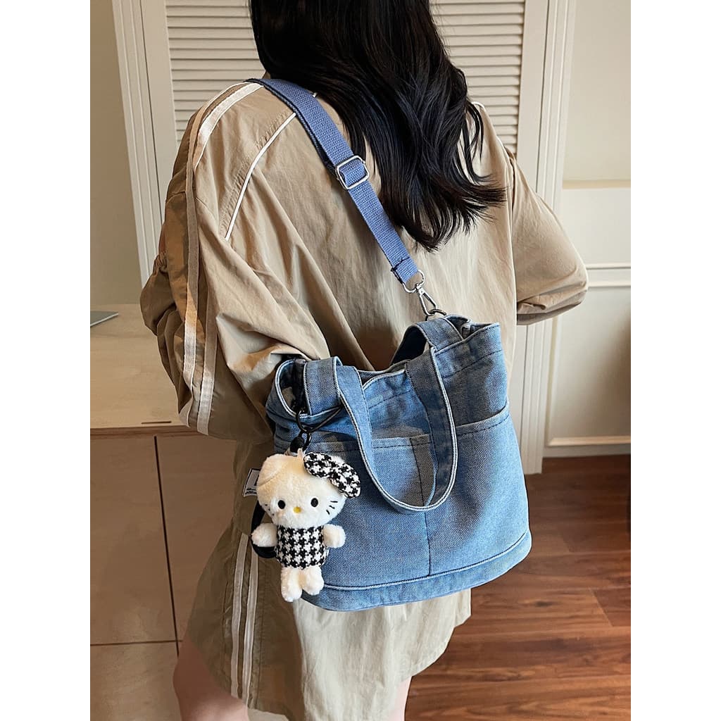 bolsa feminina bolsa transversal feminino Versão coreana ins Denim portátil balde saco feminino All-Match Commuter ombro