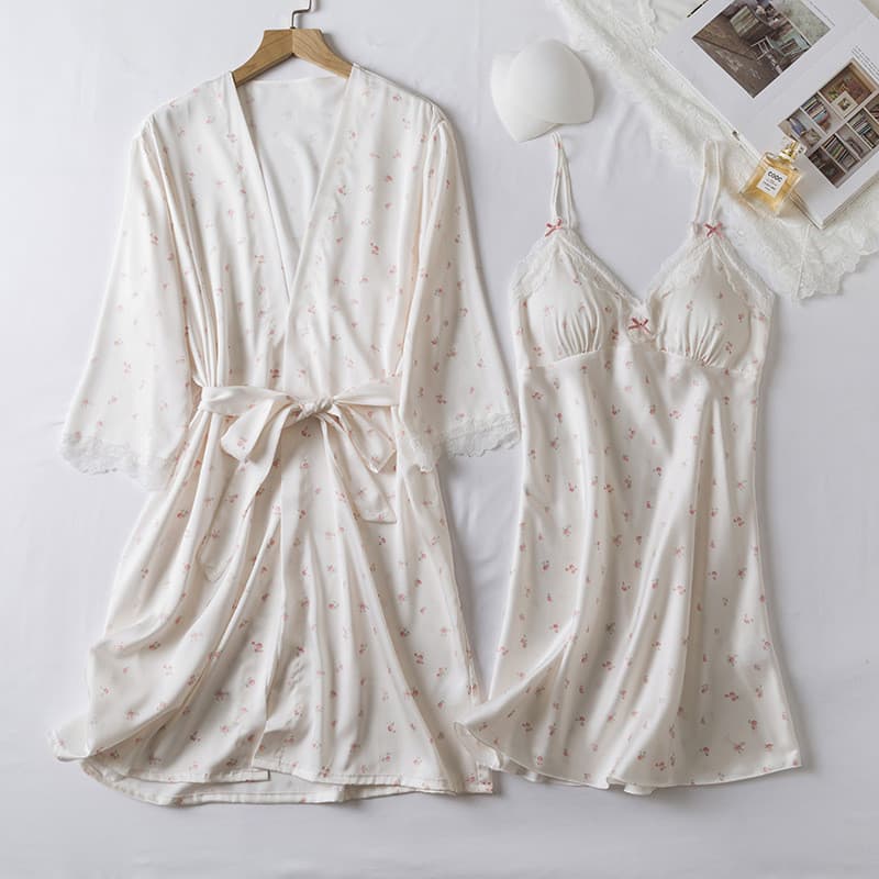 Camisola de dormir de seda gelada para mulheres, conjunto de duas peças de camisola de dormir e robe estampados, estilo