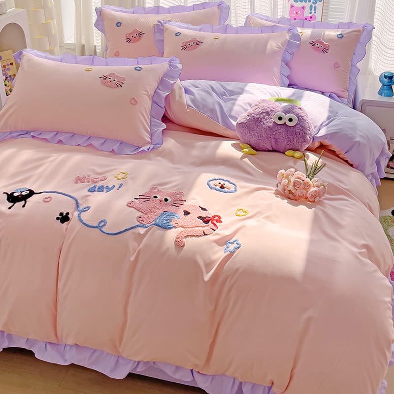 Bonito estilo feminino cama puro algodão conjunto de quatro peças novo estilo lavado algodão lençol colcha capa cama dor
