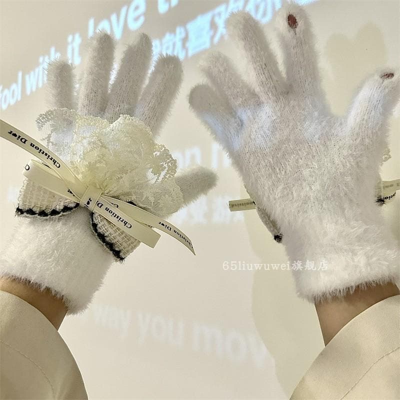 Arco nó imitação de coelho de pelúcia ins feminino luvas de inverno velo quente bonito dedo dividido à prova de frio 202