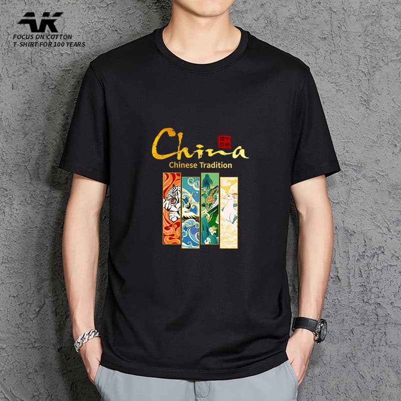 Verão estilo nacional Street Wear pesado puro algodão solto branco camiseta meia manga Plus Size masculino de manga curt