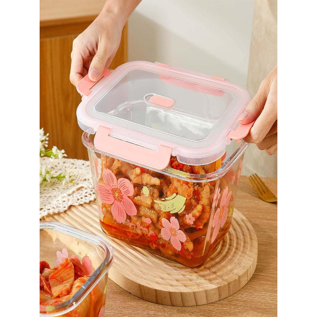 Eixo rotativo Extra grande longo 2600ML flor de cerejeira vidro Kimchi caixa de manutenção fresca balde de arroz de frut