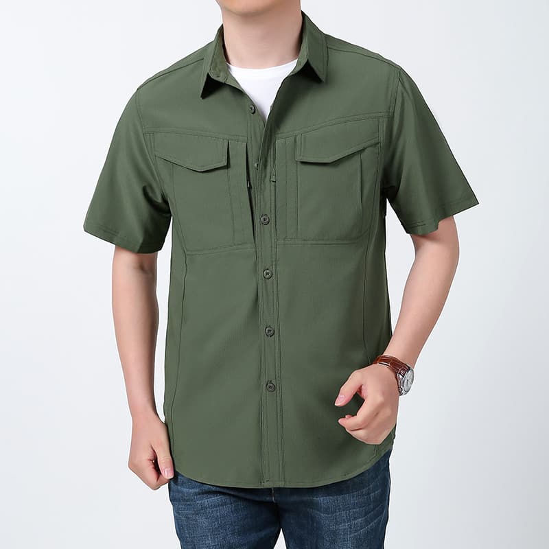 Verão masculino Workwear ao ar livre camisa fina tamanho grande estiramento bolso solto Casual de manga curta camisa de
