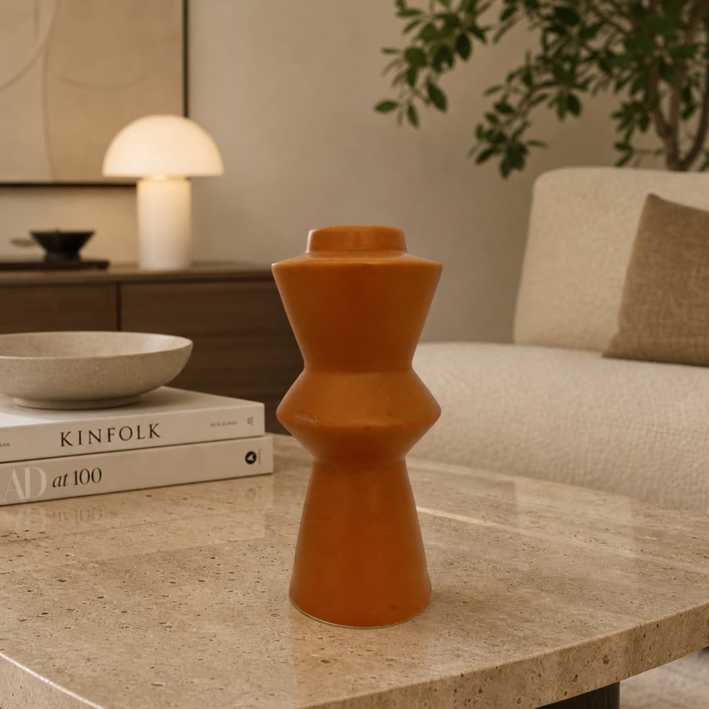 Castiçal Porta Velas Cerâmica Terracota 14,5cm Design Geométrico