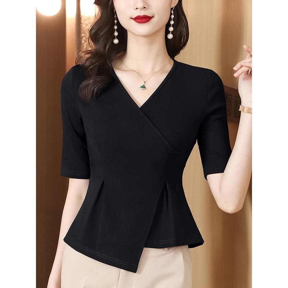 Idade-reduzindo mais magro olhar topo elegante curto de cintura estreita pequena camisa estilo ocidental com decote em V
