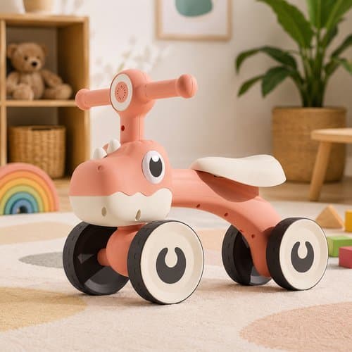 Balance Bike Infantil 4 Rodas Estabilidade Luz Design Dino Até 25kg Marrom