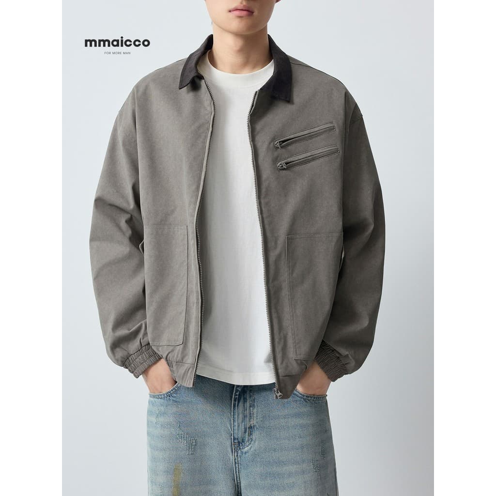 Momaike Jaqueta casual masculina americana casual cor contrastante 2026 primavera novo estilo cor frita jaqueta lavada m