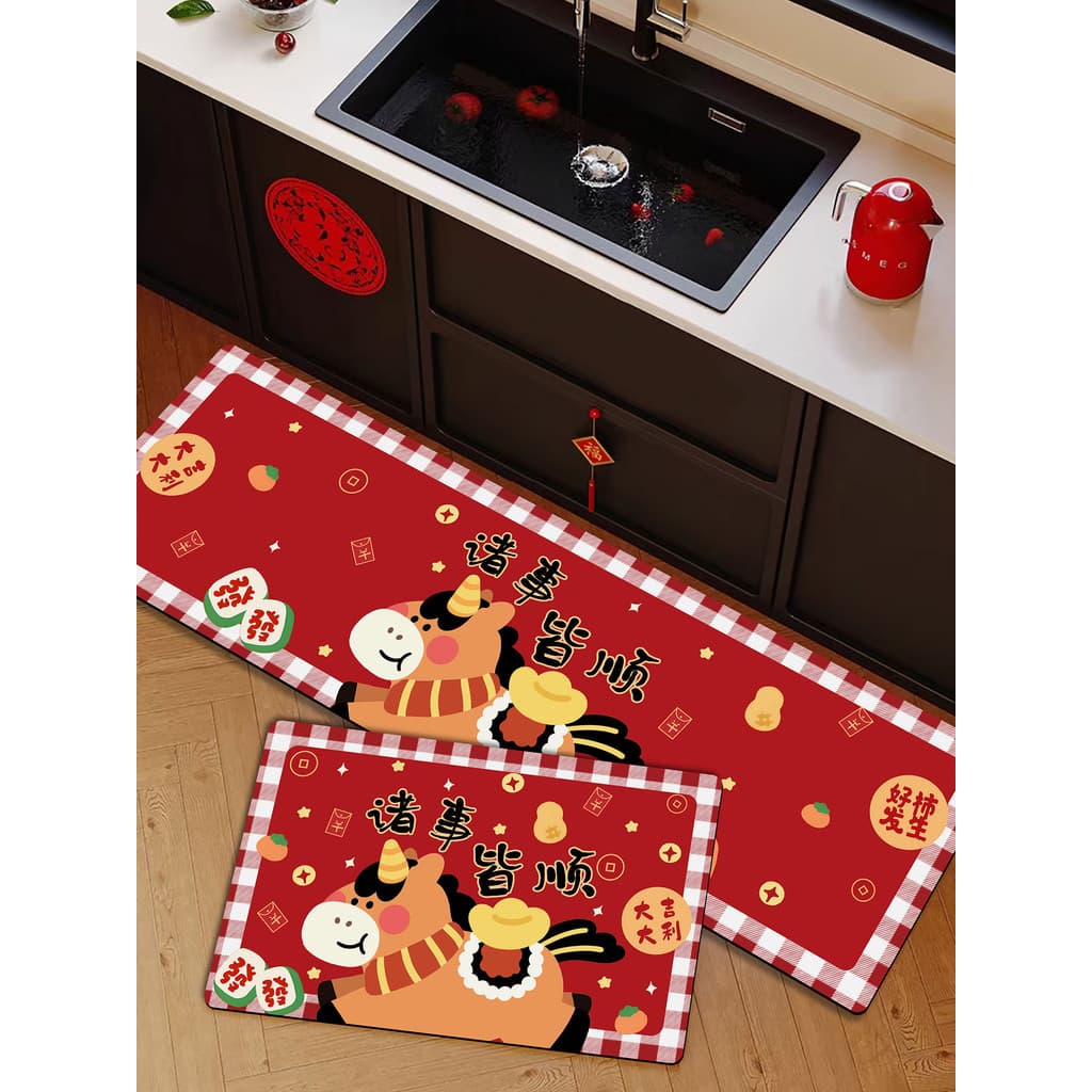 Ano novo ano vermelho cavalo ano sabor cozinha tapete absorver água de secagem rápida dos desenhos animados tapete tecno