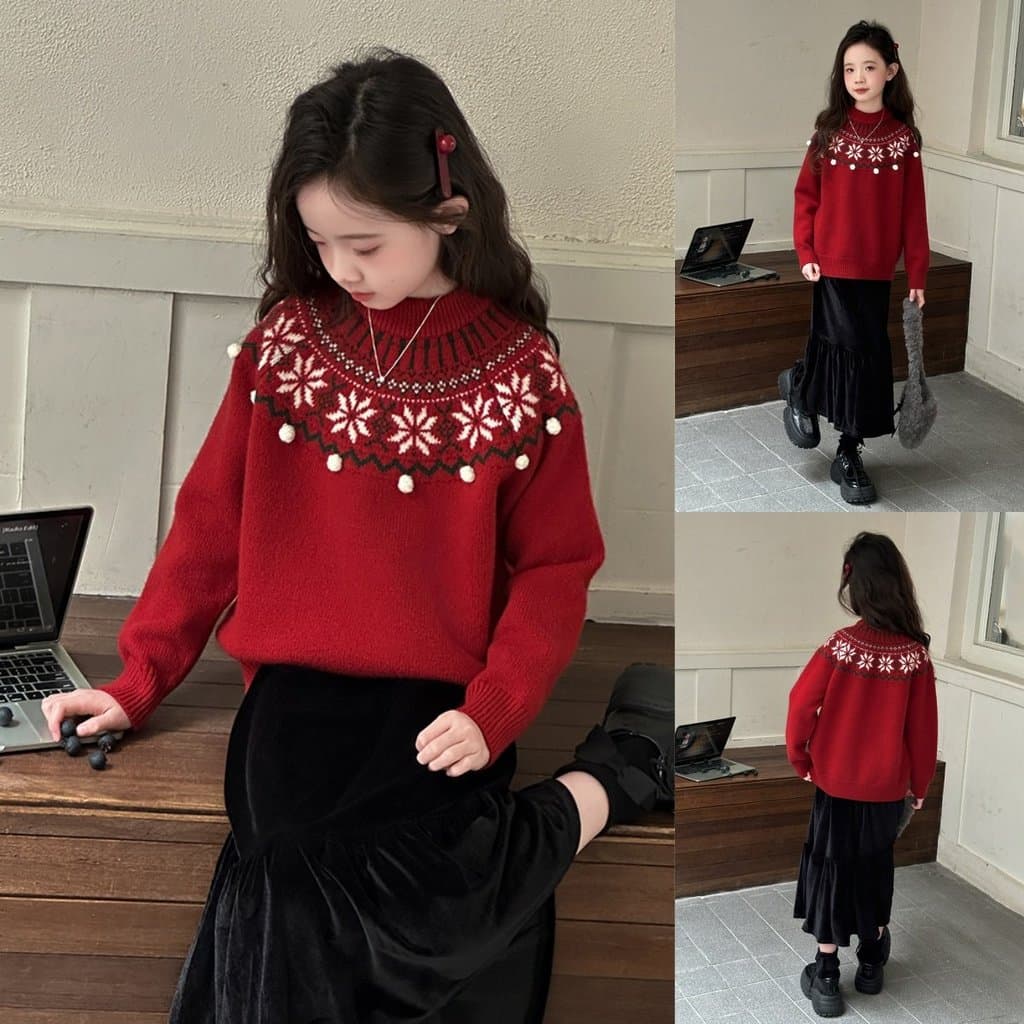 Suéter vermelho para meninas grandes Benming Ano 2025 Novo estilo outono inverno meninas fundo engrossado estudantes do