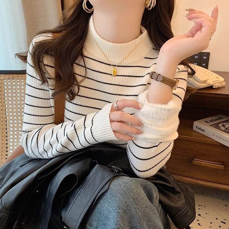 Camisa feminina de gola média com forro de lã espesso, novo estilo de manga longa Sli 0841