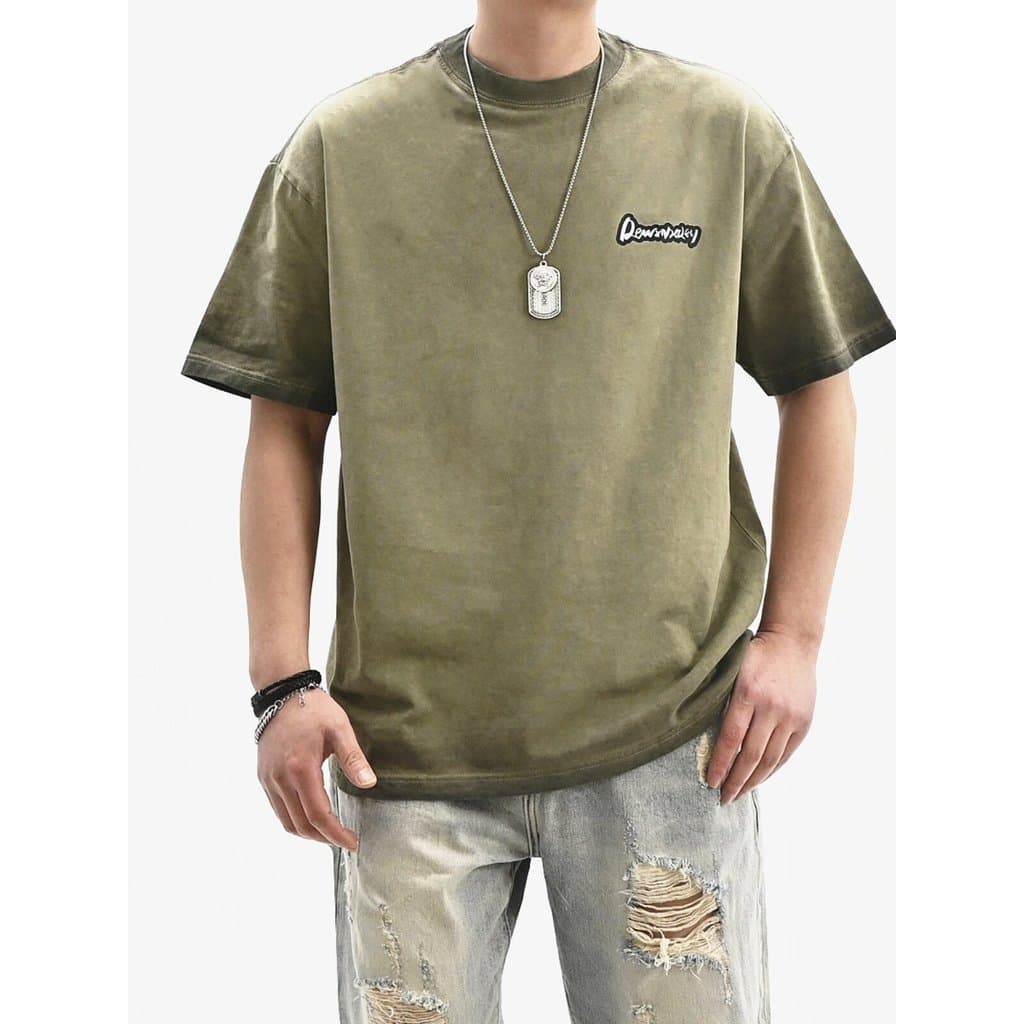 RE novo estilo masculino americano Retro pequeno decote pesado camiseta lavagem suja em torno do pescoço de manga curta