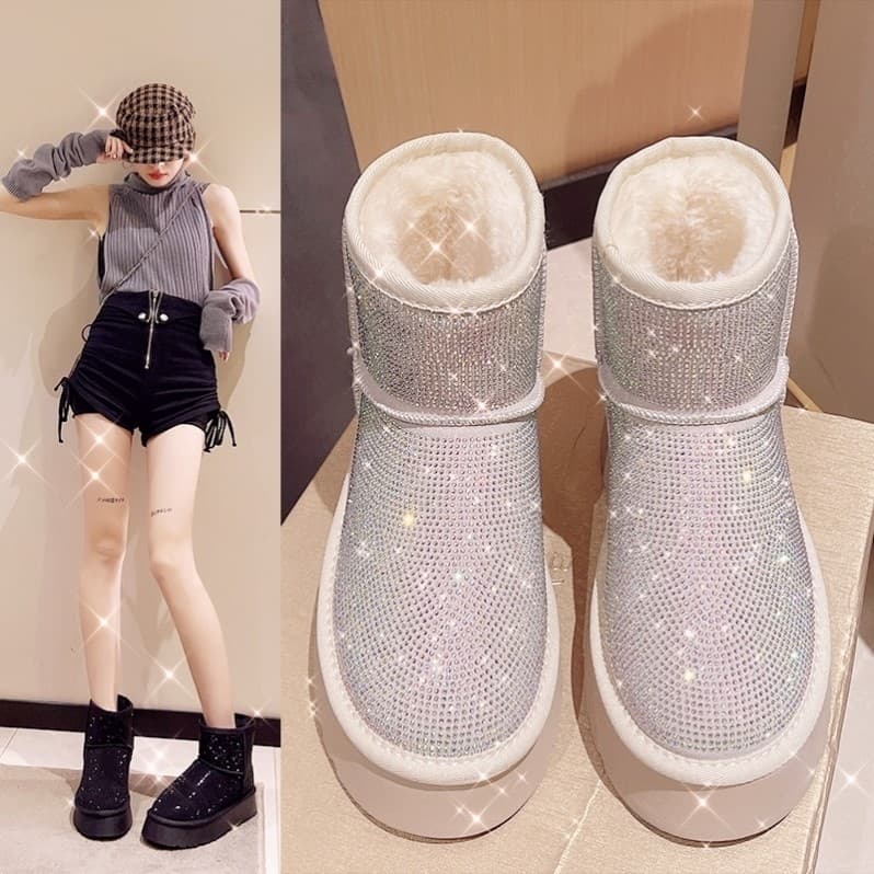 Influenciador Gypsophila strass botas de neve feminino inverno 2025 novo estilo botas de algodão de sola grossa tubo cur