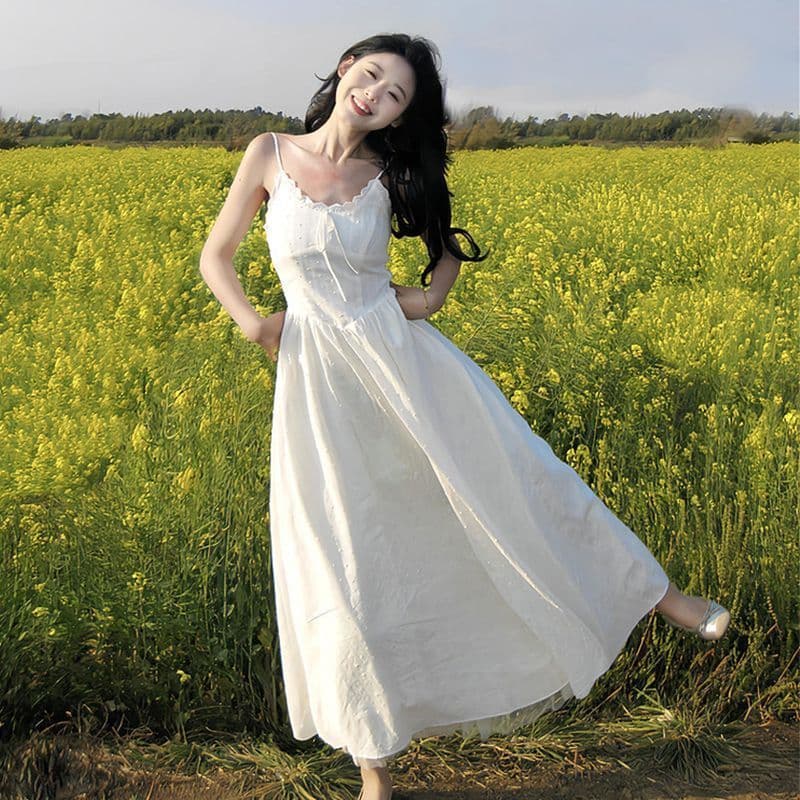 ❤️Doce fresco suave primeiro amor francês branco estilingue vestido feminino renda novo estilo mais magro olhar verão sa