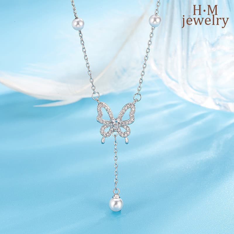 Super Fada Moda Versátil Pérola High-end Sentido Elegante Luz Luxo Simples Borboleta Colar
