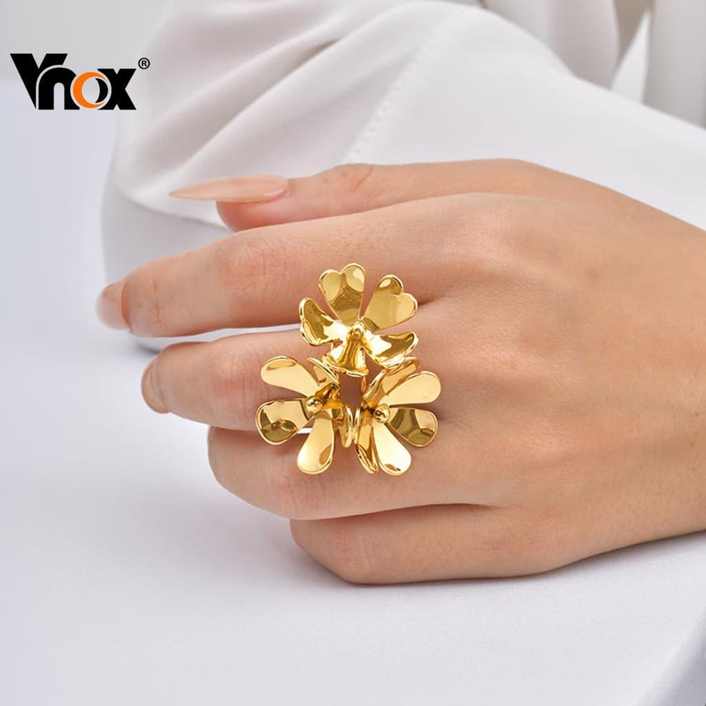 Anel De Flor Polido Dourado De Aço Inoxidável Vnox , Ajustável Aberto Suave , Joias Florais Elegantes Para Mulheres