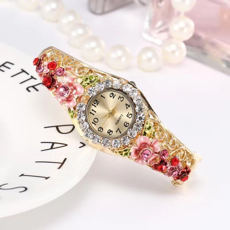Relógio de Pulso Feminino Elegante com Ornamento Floral 3D em Cloisonné, Relógio de Quartzo com Pulseira de Moda para Se